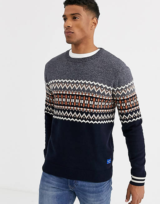 Jack & Jones Originals fairisle knitted sweater in navy | ASOS