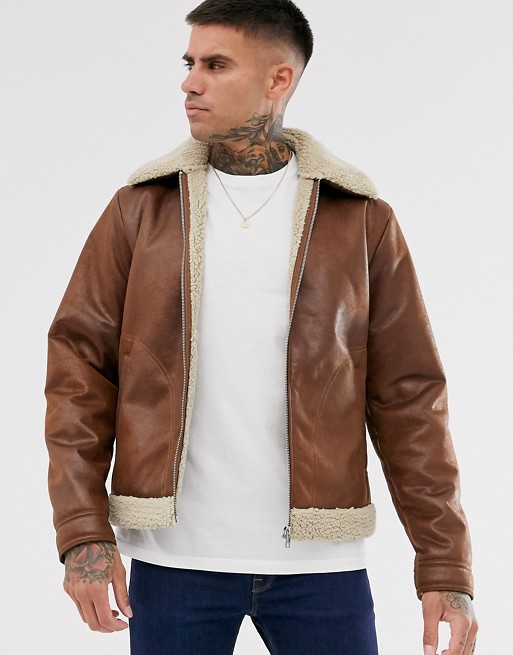 Jack & Jones Originals faux leather aviator jacket with borg lining in tan