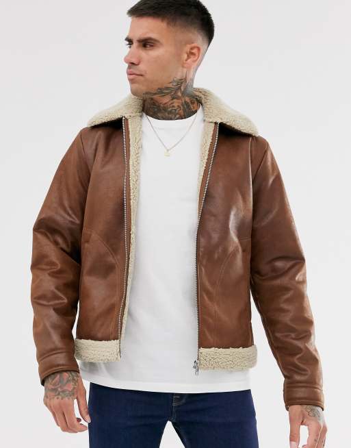 Jack And Jones Originals Faux Leather Aviator Jacket With Borg Lining In Tan Asos 