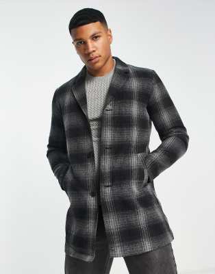 JACK & JONES ORIGINALS FAUX WOOL OVERCOAT IN BLACK CHECK