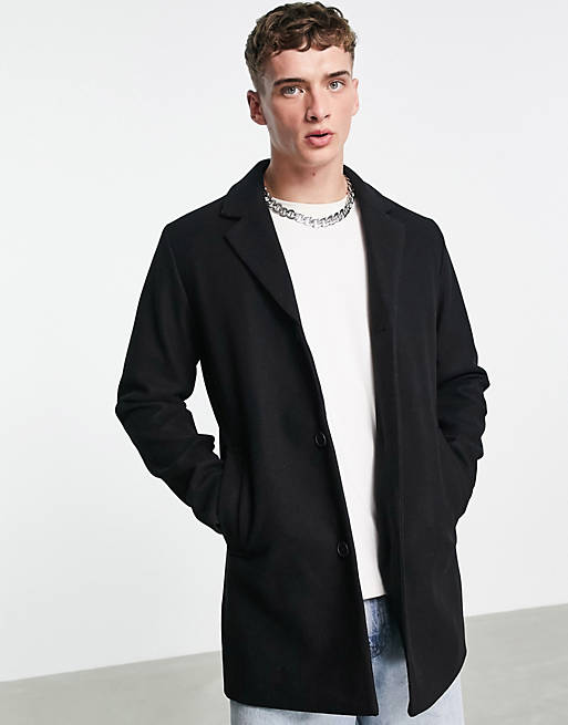 Jack & Jones Originals faux wool overcoat in black