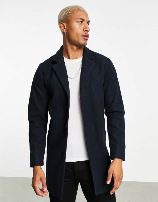 Jack Jones Originals faux wool overcoat in navy ASOS