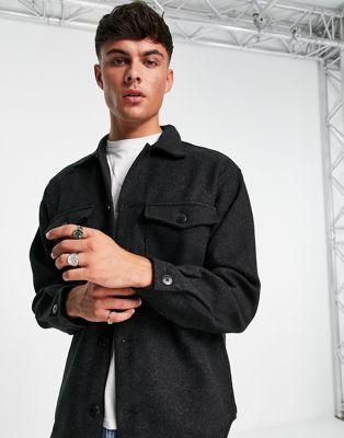 Jack & Jones Originals faux wool overshirt with pockets in black