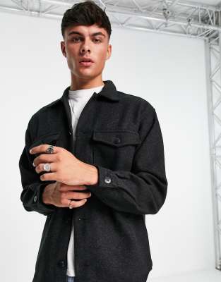 Jack & Jones Originals Faux Wool Overshirt With Pockets In Black