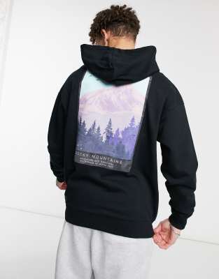 Jack & Jones Originals - Felpa con cappuccio oversize nera con stampa di montagna sul retro