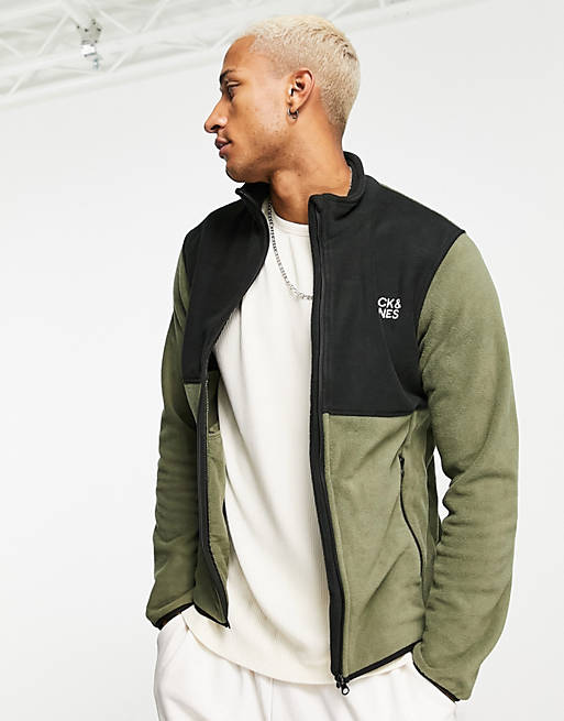 Jack & Jones Originals fleece jacket with contrast blocking in khaki
