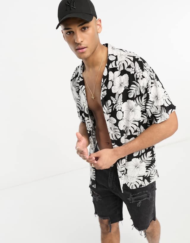 Jack & Jones Originals floral camp collar short sleeve shirt in black