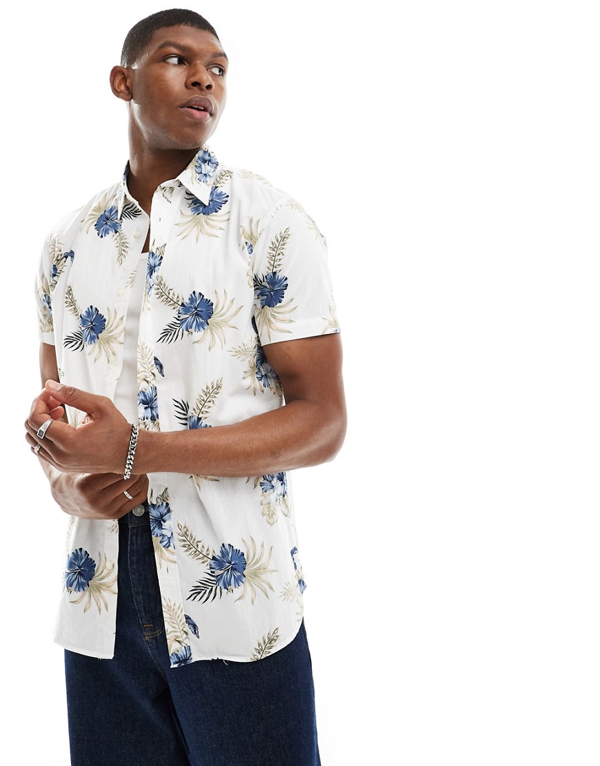 Jack & Jones Originals floral print short sleeve shirt in cream-White