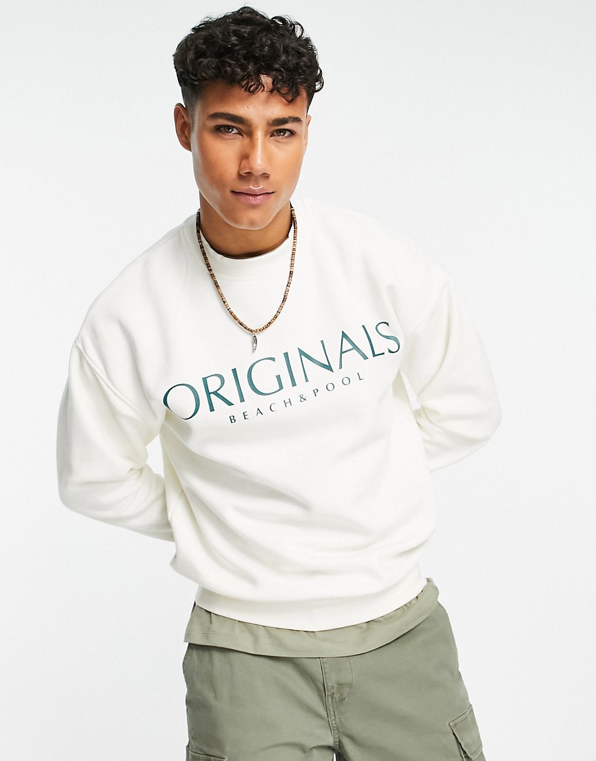 Jack & Jones Originals front print crew neck sweatshirt in ecru-White