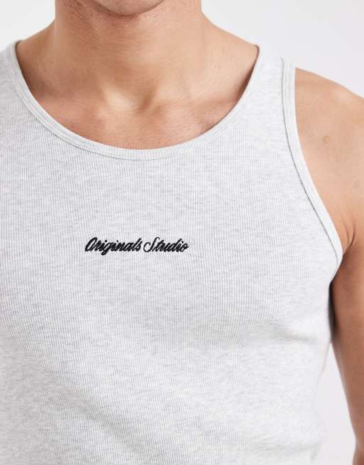 Jack & Jones – Originals – Geripptes Trägertop in Grau mit Logo, 5 von 5