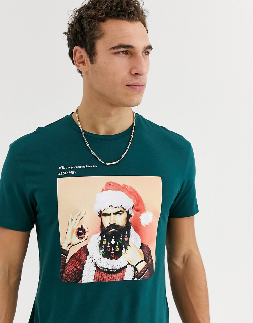 Jack & Jones – Originals – Grön t-shirt i oversize-modell med julmönster