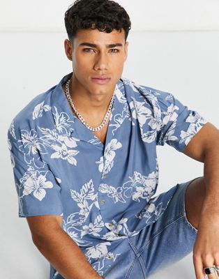 Jack & Jones Originals hawaian floral print revere collar short sleeve shirt in blue