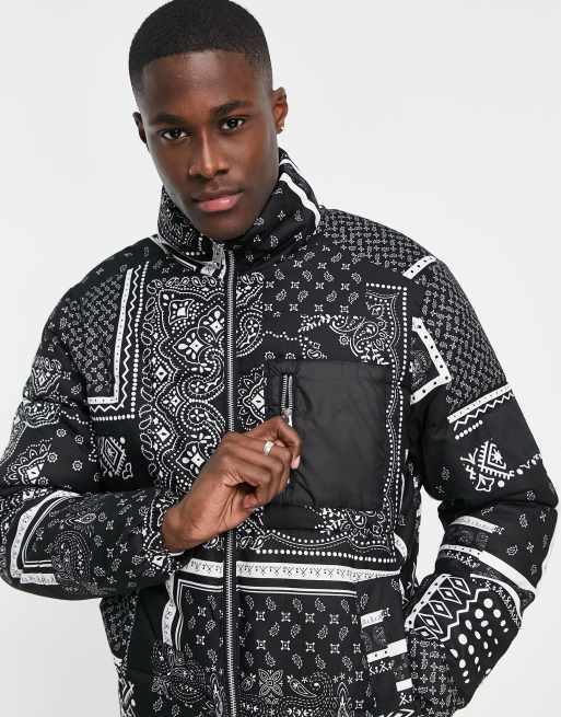 Jack & Jones Originals heavy puffer with pocket in black paisley, 4 of 4