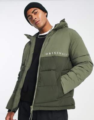 Jack & Jones Originals Hooded Puffer Jacket With Logo Detail In Khaki-green