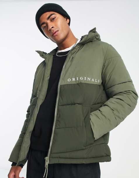Jack & Jones Originals hooded puffer jacket with logo detail in khaki  - view 1
