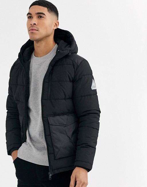 Jack & Jones Originals hooded puffer jacket with patch pockets in black