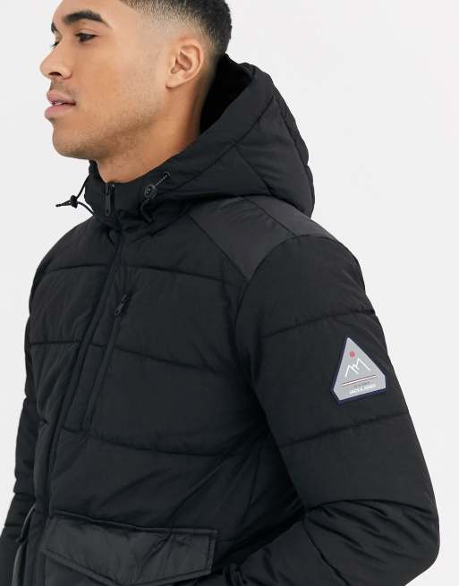 Jack & Jones Originals hooded puffer jacket with patch pockets in black