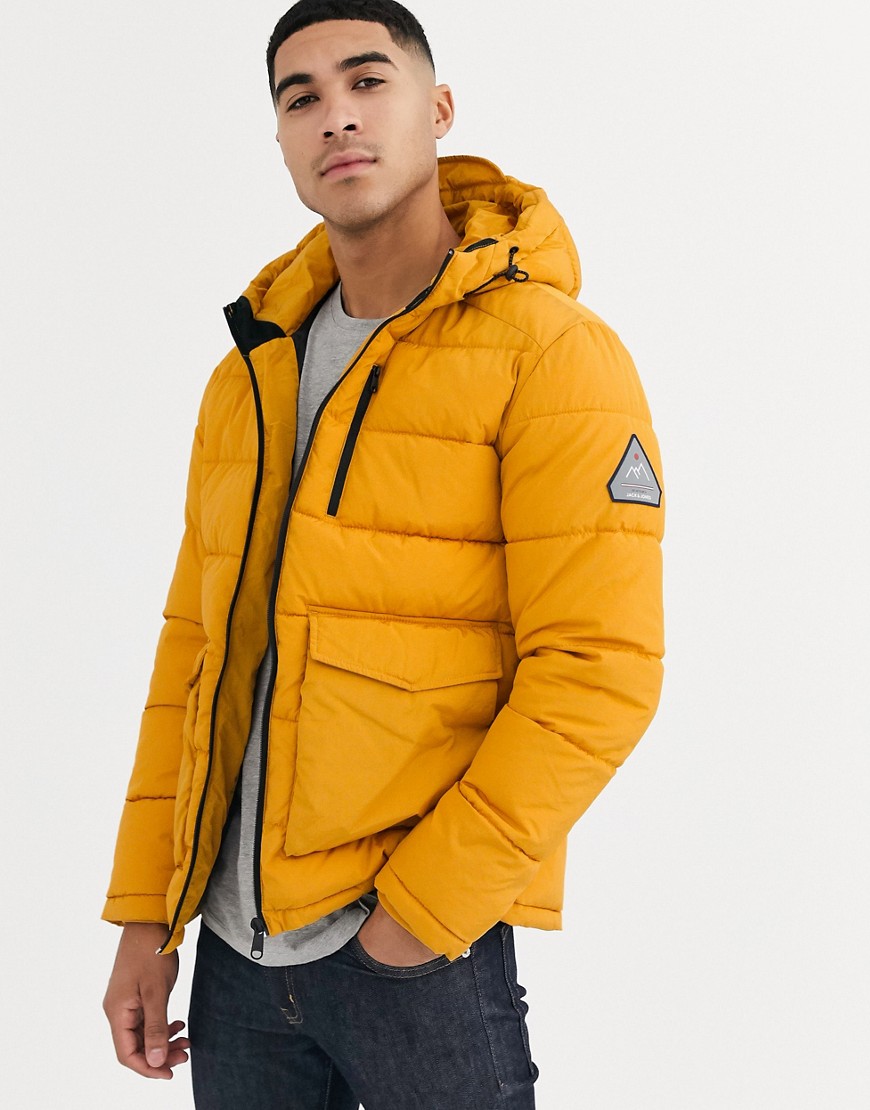 Jack & Jones Originals hooded puffer jacket with patch pockets in yellow