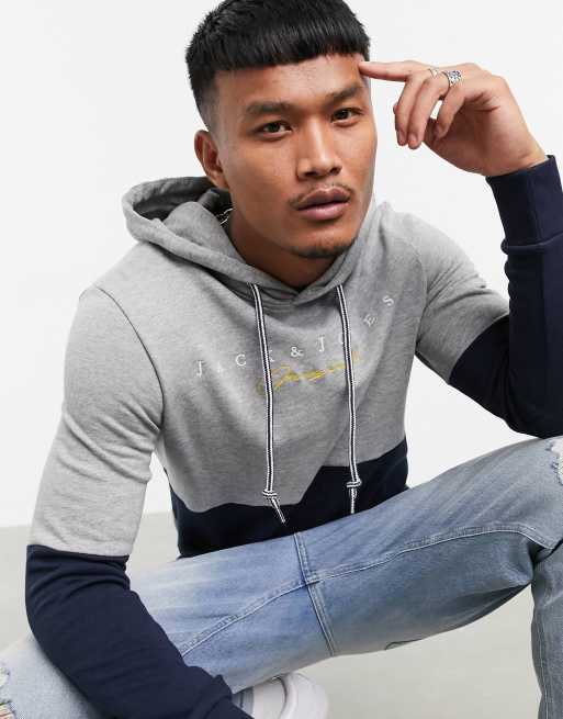 Jack & Jones Originals - Hoodie met grijze en marineblauwe kleurvlakken