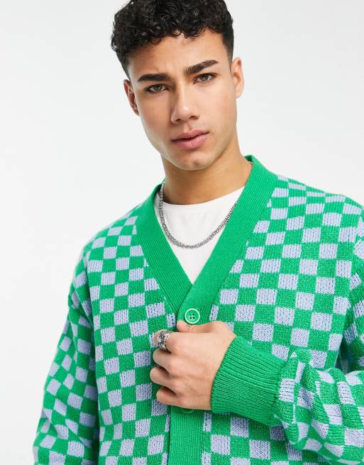 Jack & Jones Originals jacquard checkerboard print cardigan in green , 2 of 4