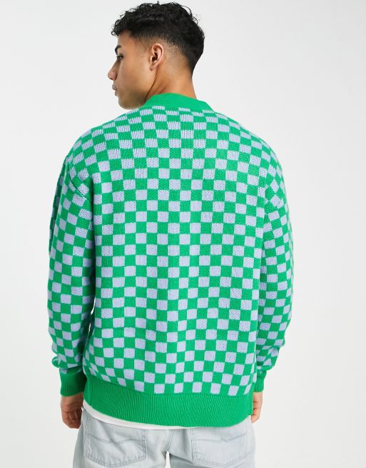 Jack & Jones Originals jacquard checkerboard print cardigan in green , 3 of 4