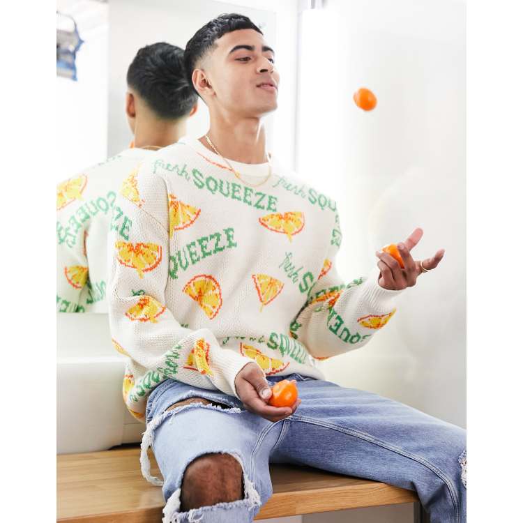 Jack & Jones Originals jacquard jumper with orange print in white