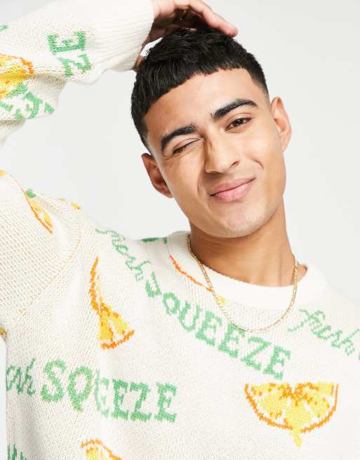 Jack & Jones Originals jacquard jumper with orange print in white, 2 of 4