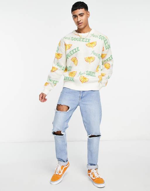 Jack & Jones Originals jacquard jumper with orange print in white, 4 of 4