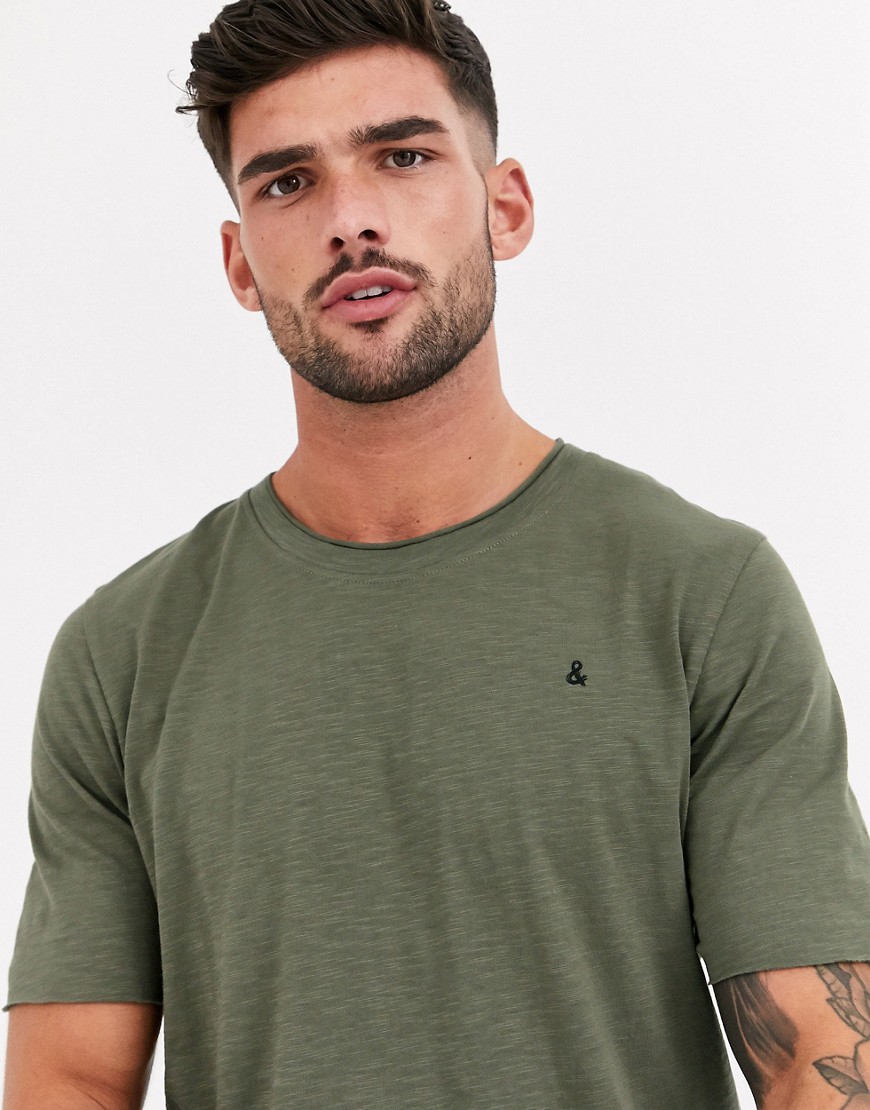 Jack & Jones – Originals – Kakigrön t-shirt med råskuren kant i flera lager