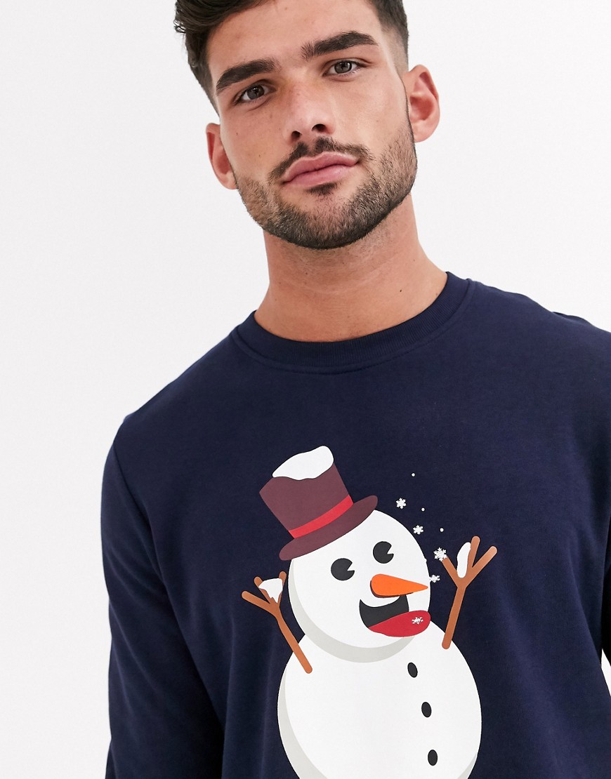 Jack & Jones - Originals - Kerstsweater met sneeuwmanprint in marineblauw