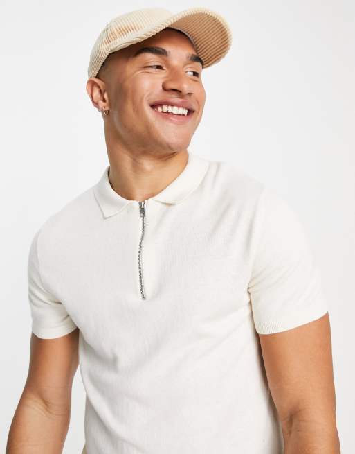 Jack & Jones Originals knit zip polo shirt in off white