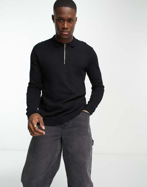 Jack Jones Originals knitted long sleeve polo in black ASOS