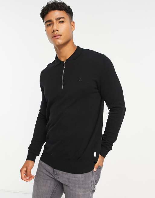 Jack & Jones Originals knitted polo with zip in black | ASOS