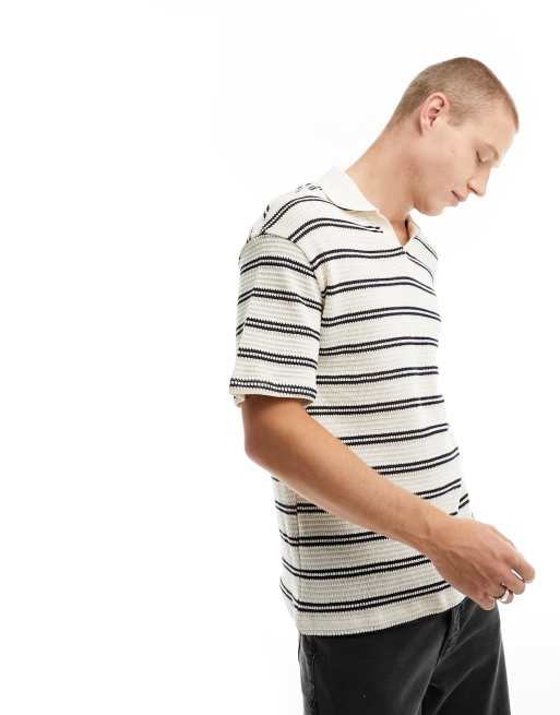 Jack & Jones Originals knitted revere collar polo in beige stripe 