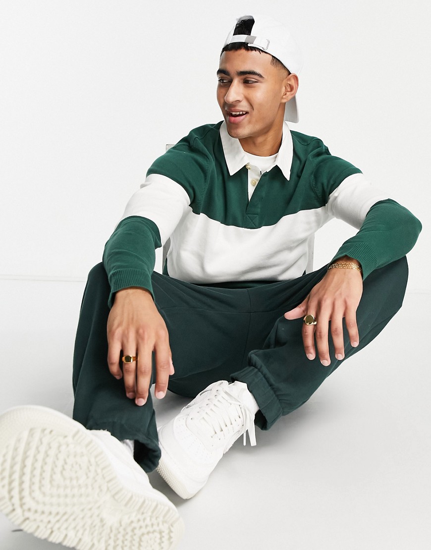 Jack & Jones Originals knitted rugby polo in green color block