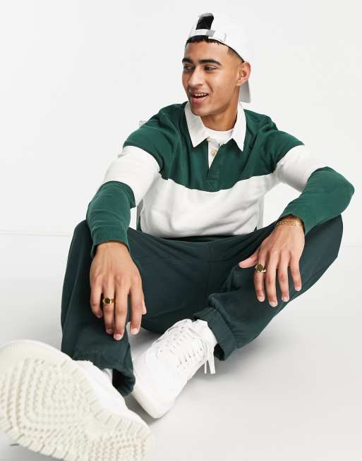 Jack & Jones Originals knitted rugby polo in green colour block | ASOS