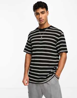 Jack & Jones originals knitted textured t-shirt in black stripe | ASOS