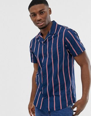 Jack & Jones – Originals – kortärmad skjorta med platt krage och vertikala ränder-Marinblå