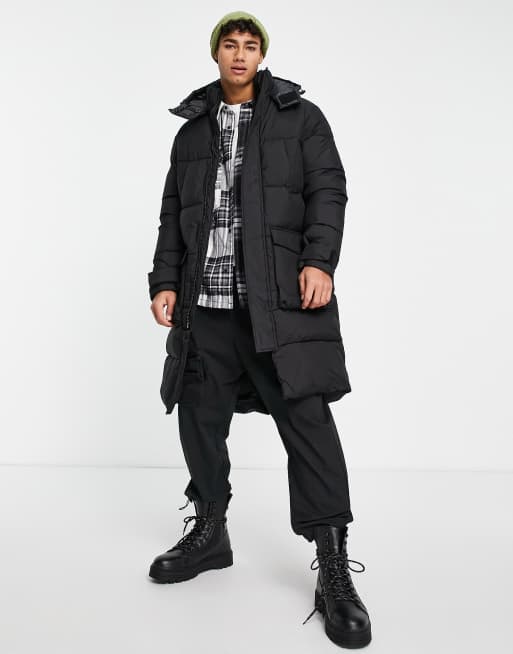 Jack & Jones Originals - Lang, kraftig dynejakke med hætte i sort