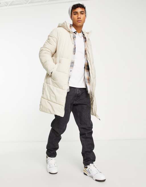 Jack & Jones - Originals - Lange gewatteerd jas met capuchon en logo in ecru 