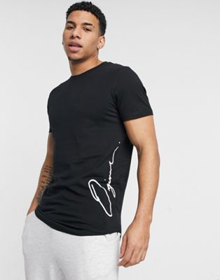 Jack & Jones Originals – Langes T-Shirt mit seitlichem Logo-Schriftzug in Schwarz