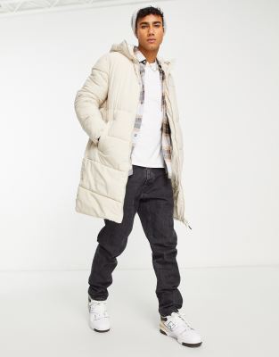 Jack & Jones Originals Long Hooded Puffer Coat With Logo Detail In Ecru-white