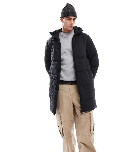 Jack & Jones Originals long hooded puffer jacket with logo detail in black  - view 1