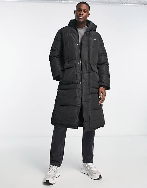 Jack & Jones Originals long puffer jacket with hood in black | ASOS