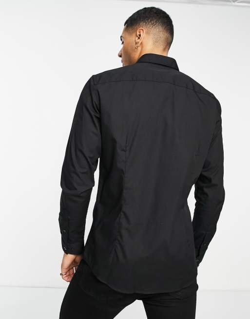 Jack & Jones Originals long sleeve stretch cotton shirt in black , 2 of 4