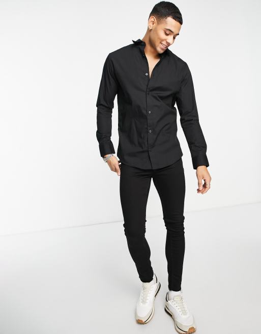 Jack & Jones Originals long sleeve stretch cotton shirt in black , 3 of 4