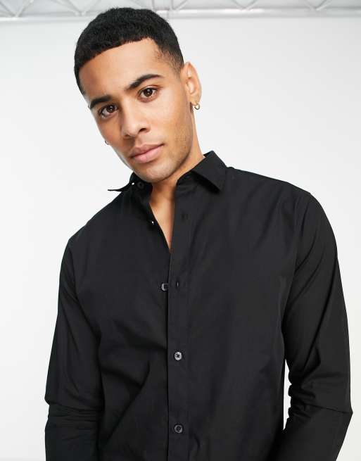 Jack & Jones Originals long sleeve stretch cotton shirt in black , 4 of 4