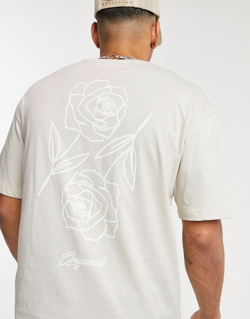 Jack & Jones Originals Longline T-shirt With Rose Back Print In Stone-neutral