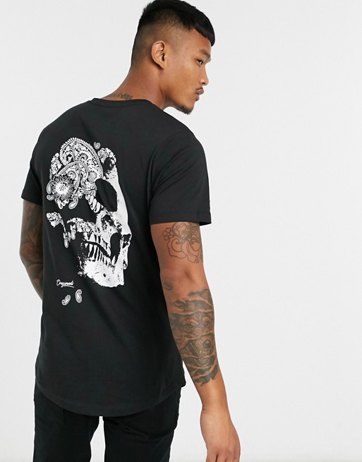 Jack & Jones Originals longline t-shirt with skull back print in black