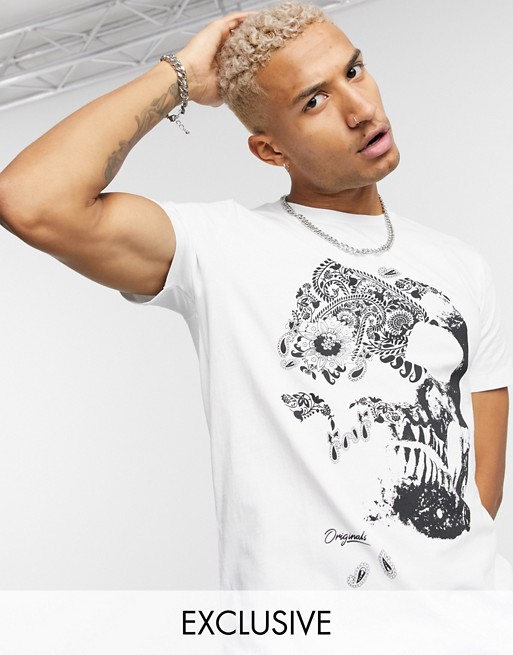 Jack & Jones Originals longline t-shirt with skull print in white Exclusive to ASOS
